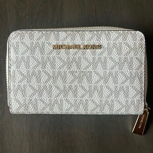 Michael Kors Silver White Logo Zip Around Wallet